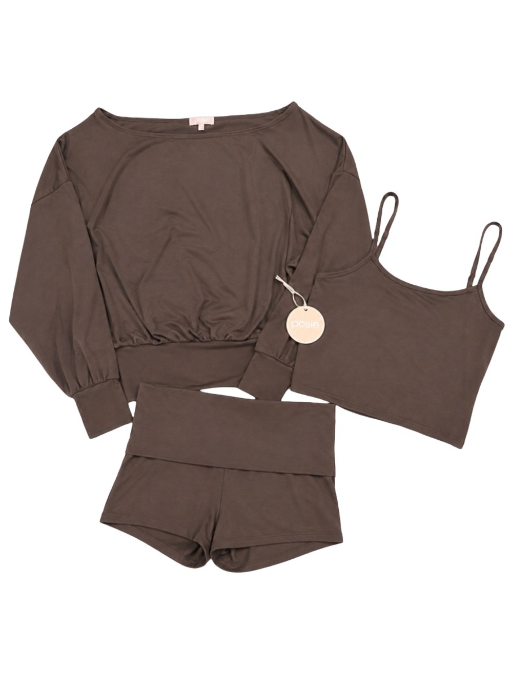 Posie Active 3 Piece Blouson Long Sleeve Top, Tank, & Shorts Set Chocolate S NWT